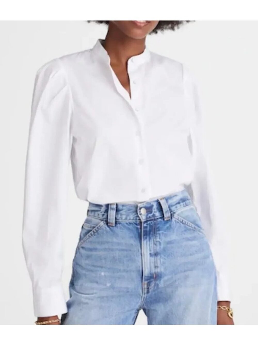 Madewell Women's Puff Sleeve Button Up Shirt White Band Collar Size Medium  NWT
